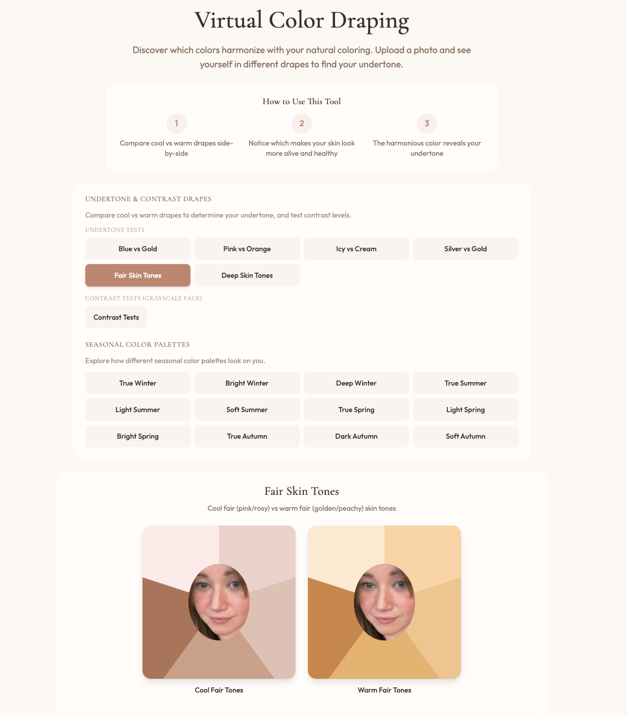 Virtual color draping tool showing colors draped on a photo