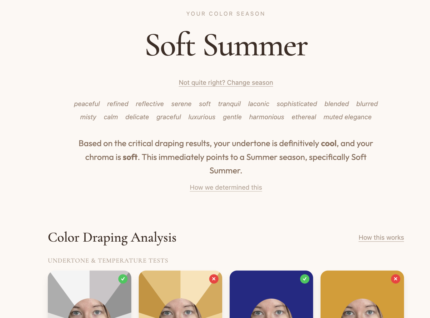 Color season analysis results showing Soft Summer palette and color draping