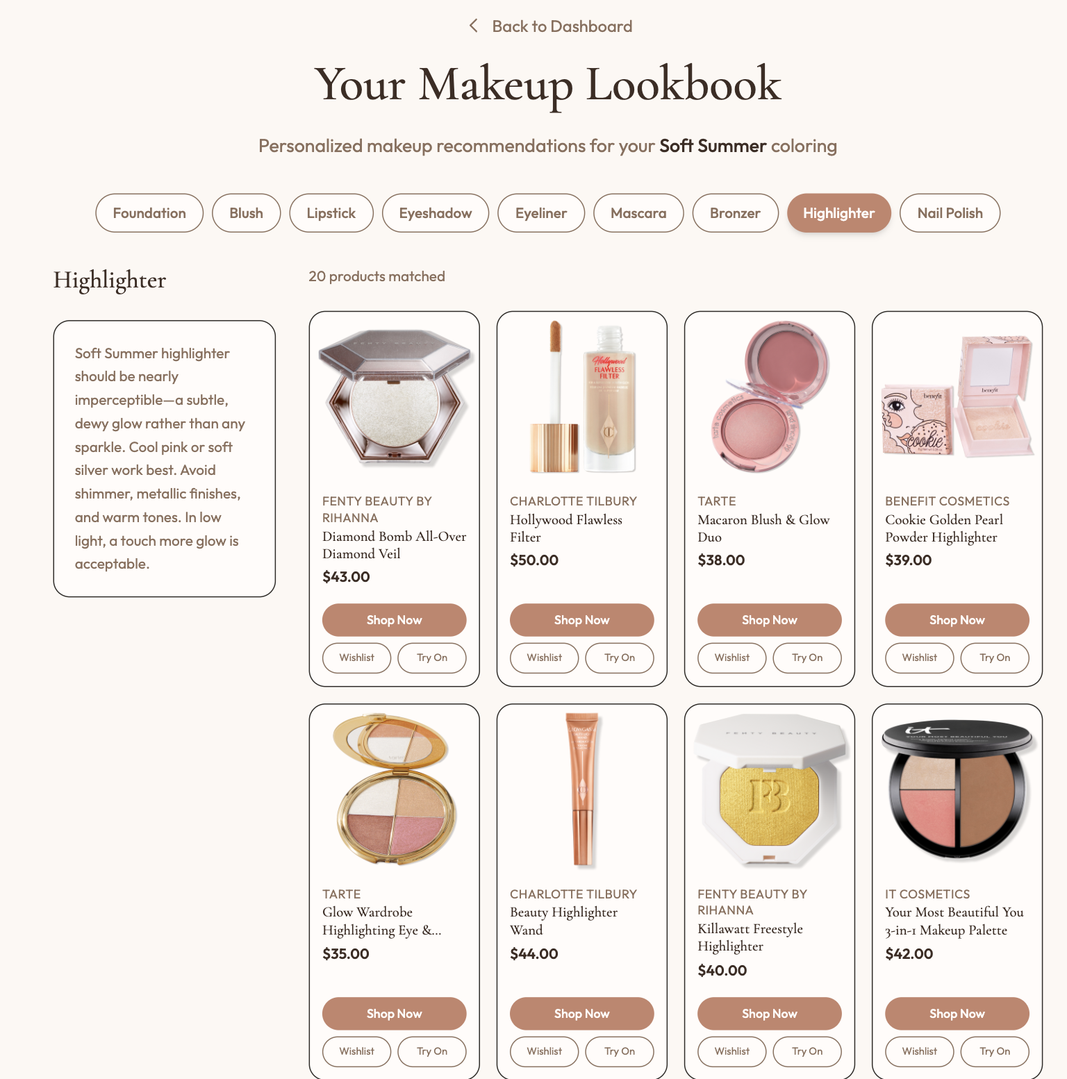 Personal style card showing color palette, makeup, and style recommendations