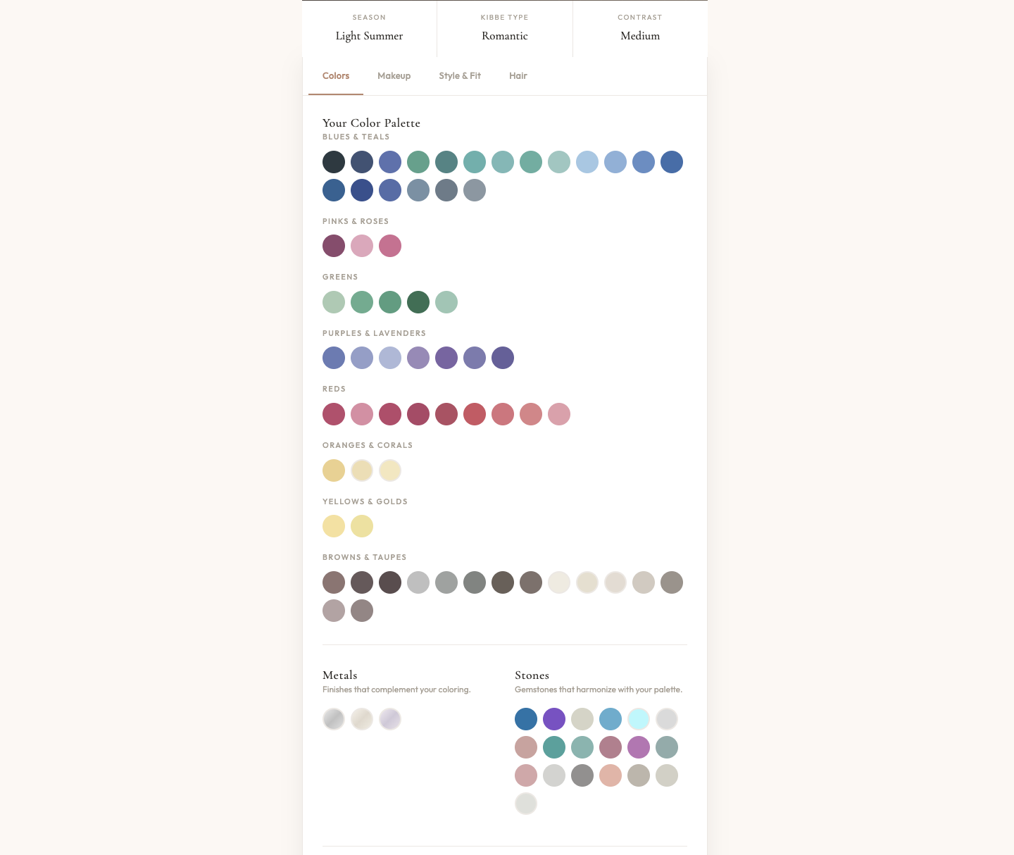 Personal style card with color season palette and recommendations